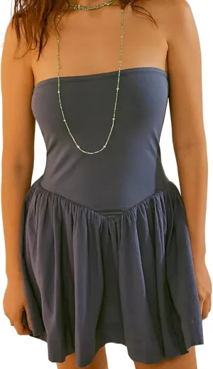 Summer Solid Strapless Mini Dress for Women Tube Top Dresses Patchwork Pleated Drop Waist Flared Beach Dress