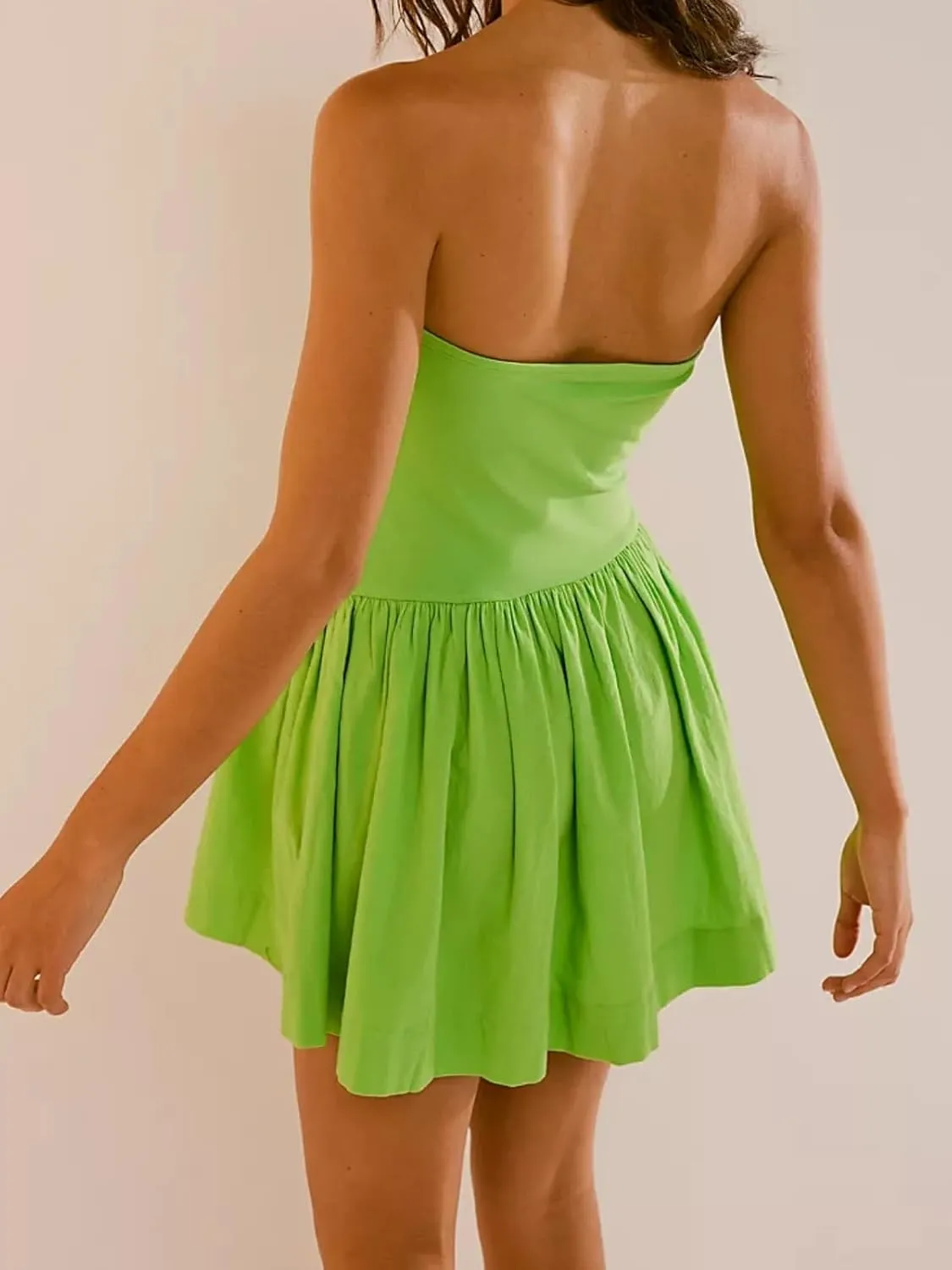 Summer Solid Strapless Mini Dress for Women Tube Top Dresses Patchwork Pleated Drop Waist Flared Beach Dress