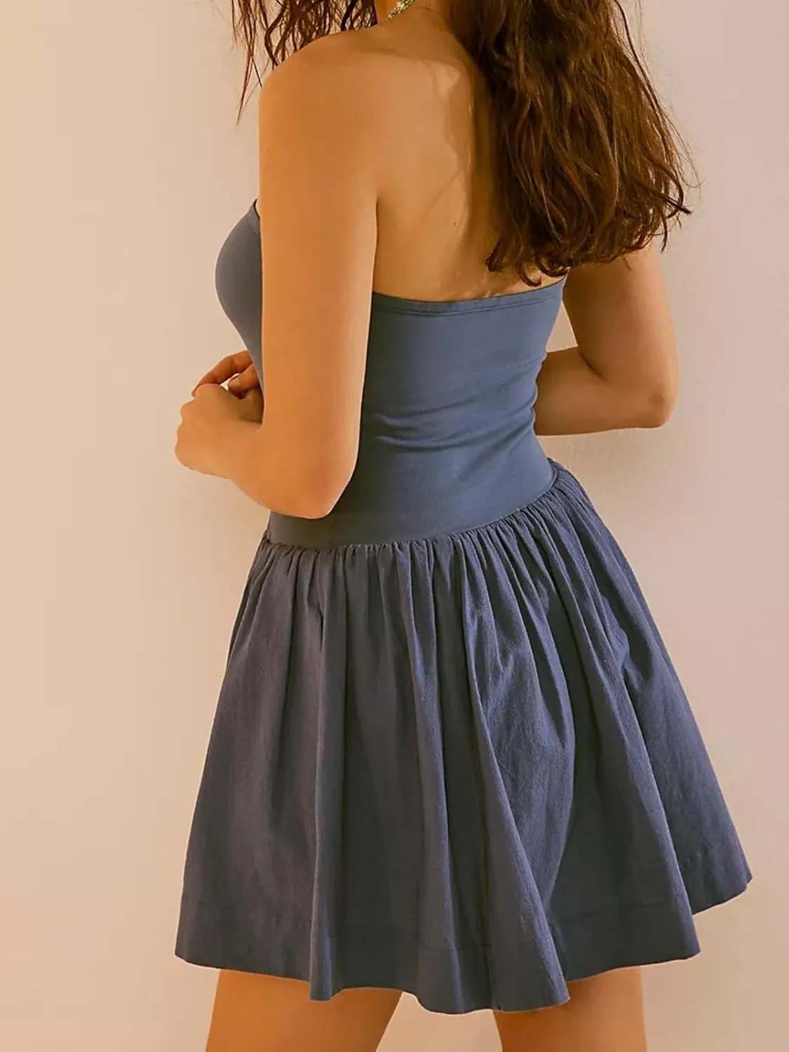 Summer Solid Strapless Mini Dress for Women Tube Top Dresses Patchwork Pleated Drop Waist Flared Beach Dress
