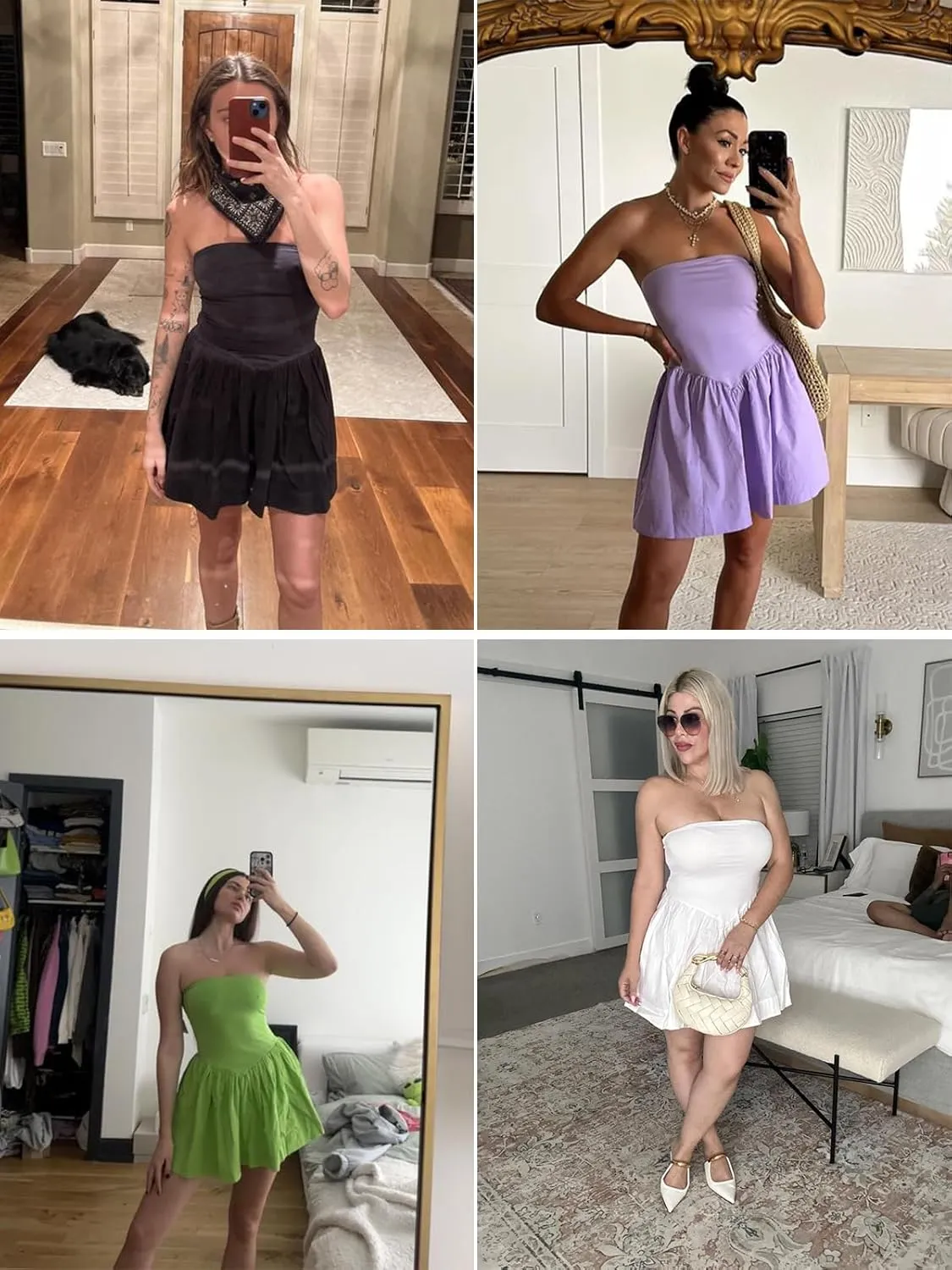 Summer Solid Strapless Mini Dress for Women Tube Top Dresses Patchwork Pleated Drop Waist Flared Beach Dress