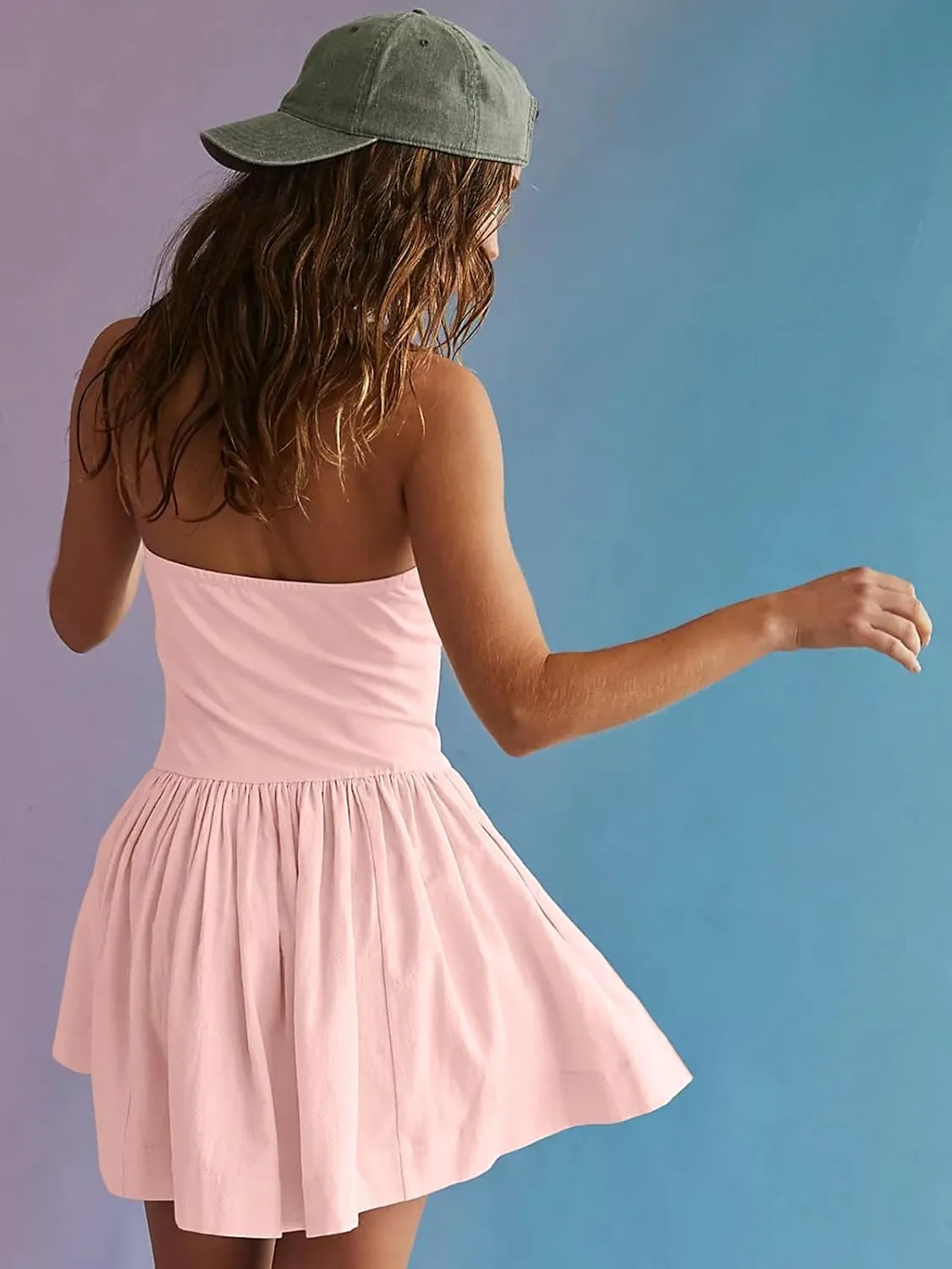 Summer Solid Strapless Mini Dress for Women Tube Top Dresses Patchwork Pleated Drop Waist Flared Beach Dress