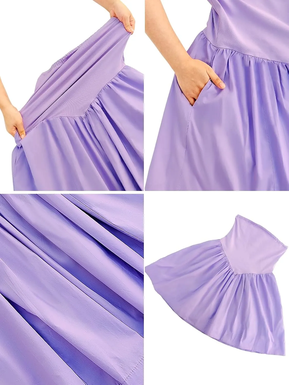 Summer Solid Strapless Mini Dress for Women Tube Top Dresses Patchwork Pleated Drop Waist Flared Beach Dress