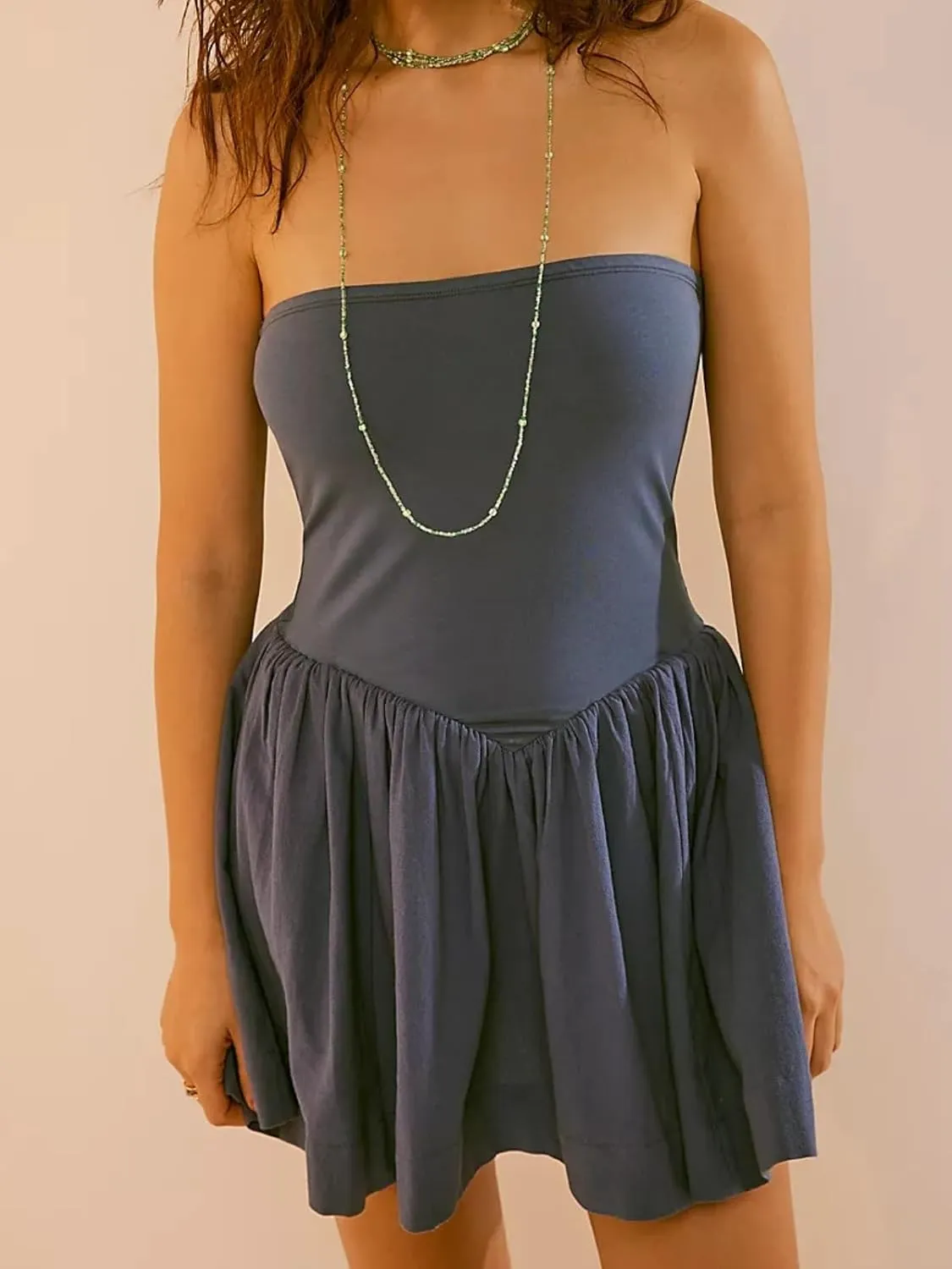 Summer Solid Strapless Mini Dress for Women Tube Top Dresses Patchwork Pleated Drop Waist Flared Beach Dress