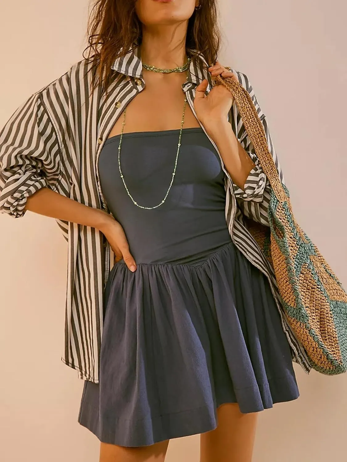 Summer Solid Strapless Mini Dress for Women Tube Top Dresses Patchwork Pleated Drop Waist Flared Beach Dress