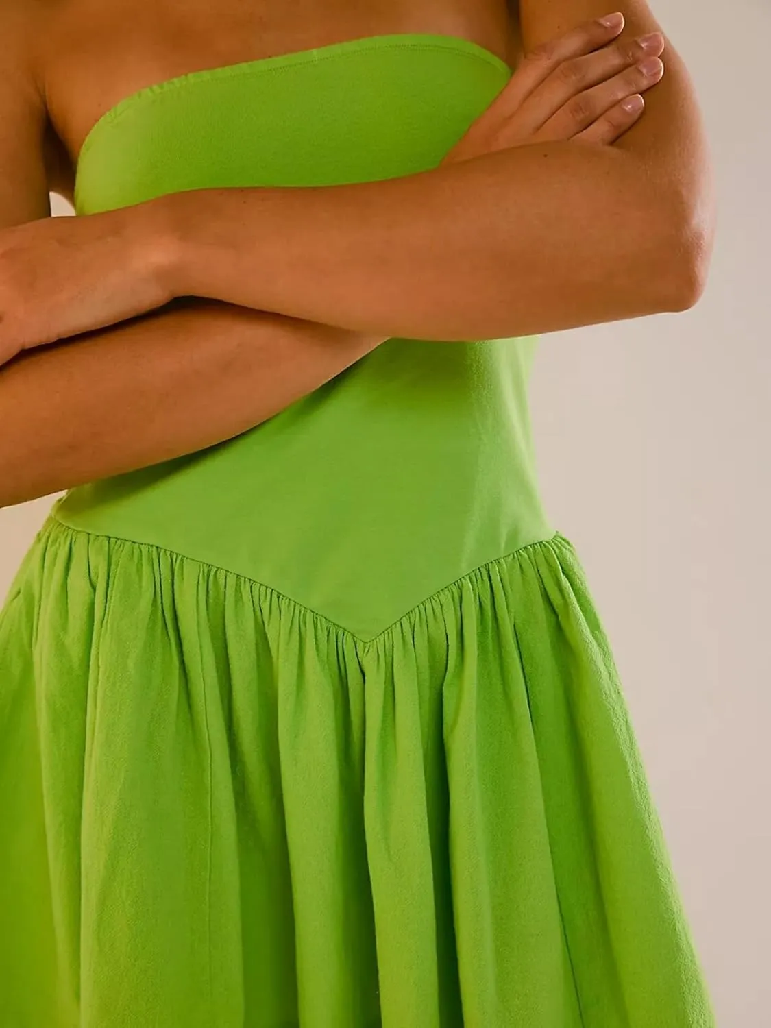 Summer Solid Strapless Mini Dress for Women Tube Top Dresses Patchwork Pleated Drop Waist Flared Beach Dress