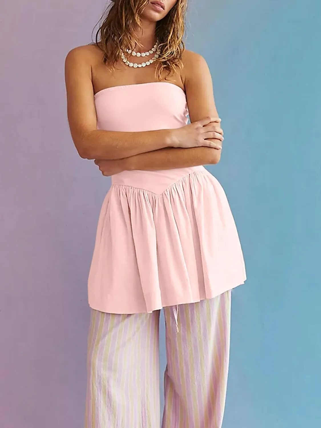Summer Solid Strapless Mini Dress for Women Tube Top Dresses Patchwork Pleated Drop Waist Flared Beach Dress