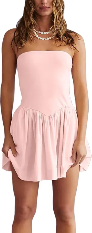 Summer Solid Strapless Mini Dress for Women Tube Top Dresses Patchwork Pleated Drop Waist Flared Beach Dress