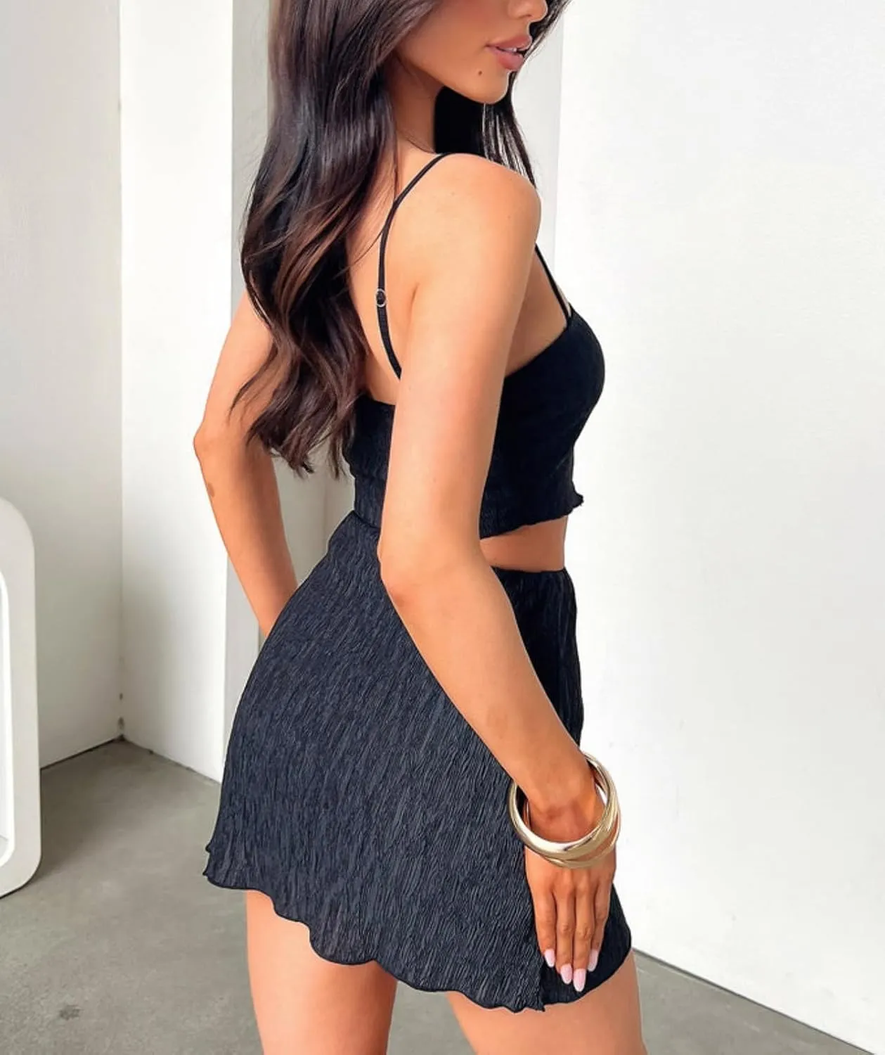 Summer Two Piece Outfits for Women Vacation Going Out Plisse Crop Tops High Waisted Bodycon Mini Skirt Sets
