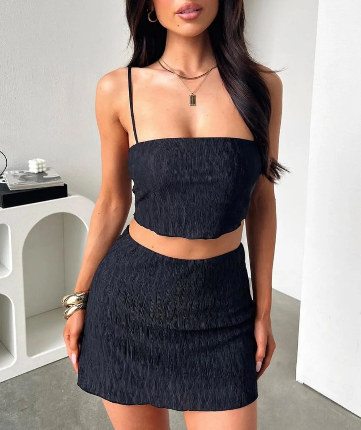 Summer Two Piece Outfits for Women Vacation Going Out Plisse Crop Tops High Waisted Bodycon Mini Skirt Sets