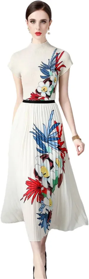 Summer Vintage Floral Print Stretchy Pullovers Top Pleated Midi Long Skirts Women Streetwear