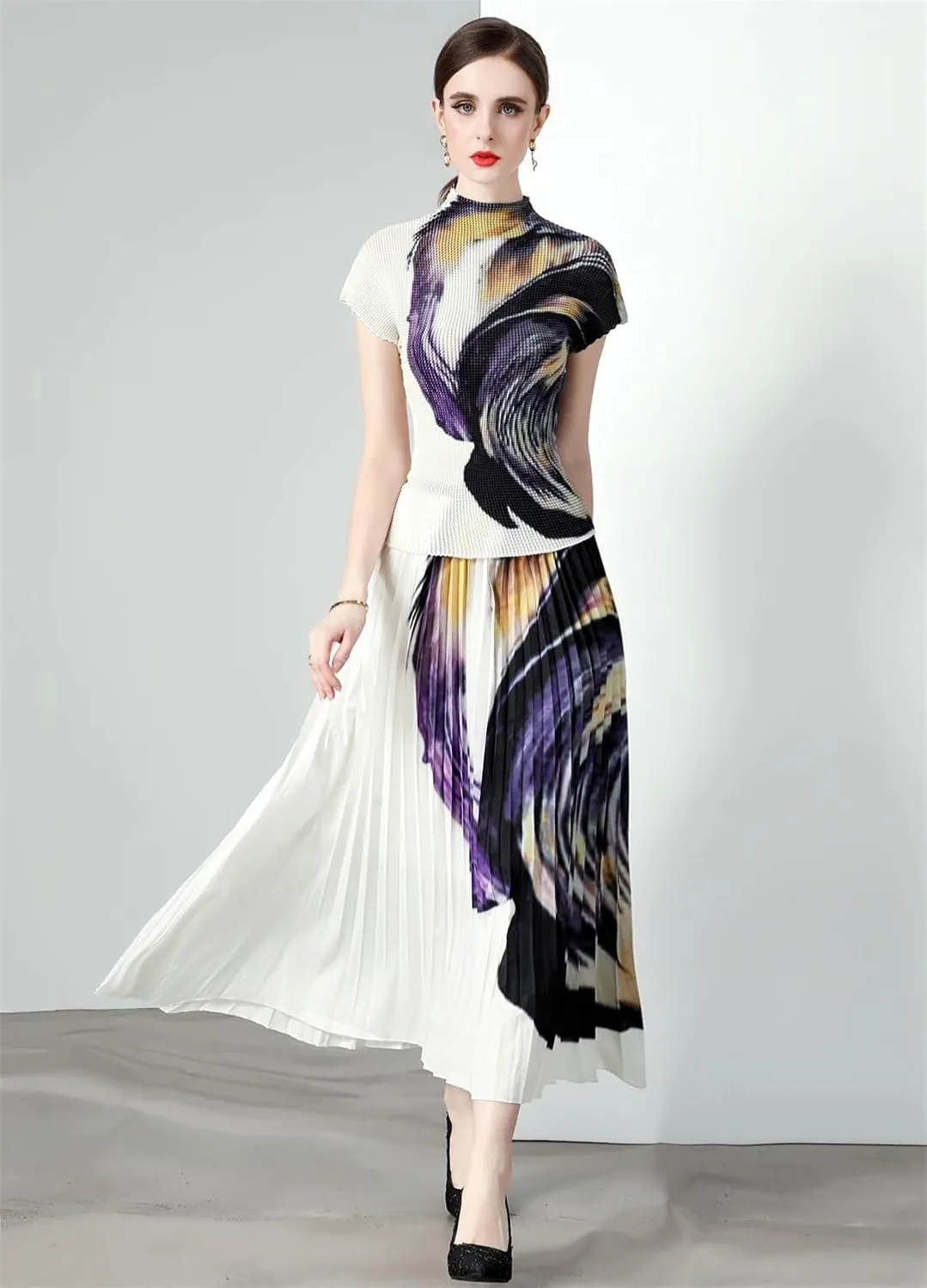 Summer Vintage Floral Print Stretchy Pullovers Top Pleated Midi Long Skirts Women Streetwear