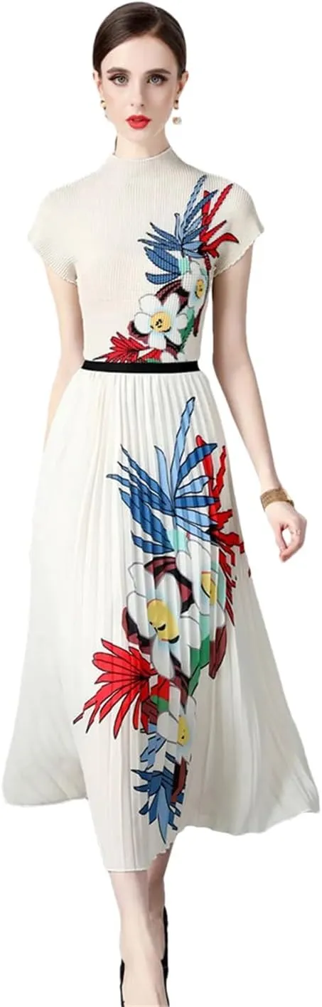 Summer Vintage Floral Print Stretchy Pullovers Top Pleated Midi Long Skirts Women Streetwear