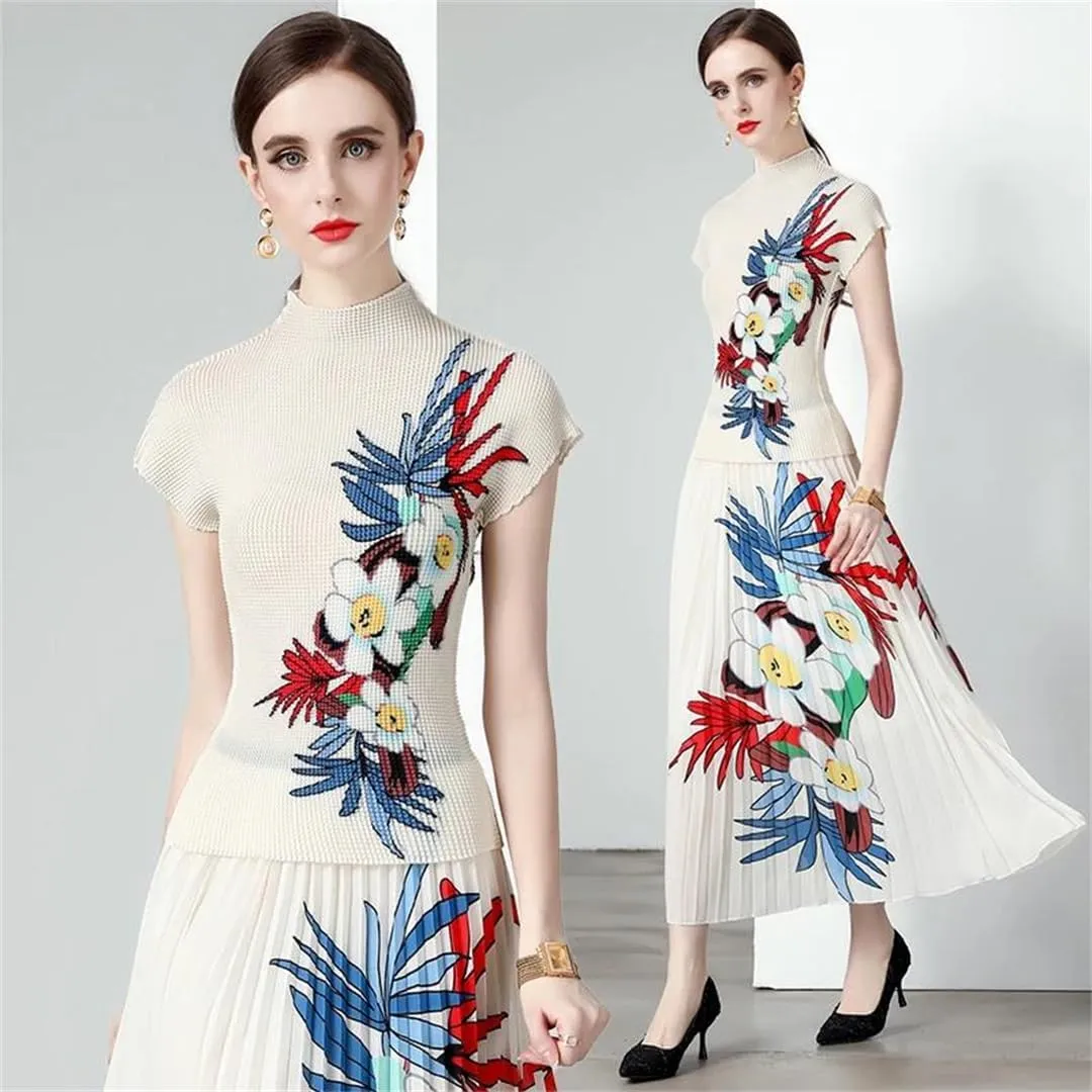 Summer Vintage Floral Print Stretchy Pullovers Top Pleated Midi Long Skirts Women Streetwear