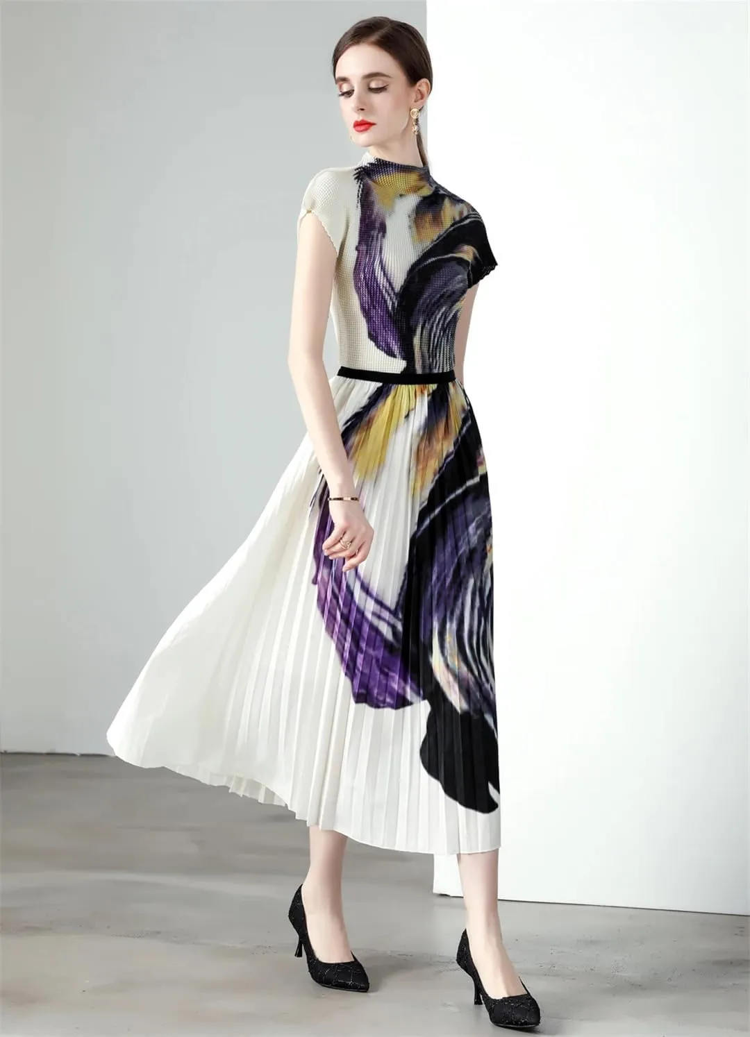 Summer Vintage Floral Print Stretchy Pullovers Top Pleated Midi Long Skirts Women Streetwear