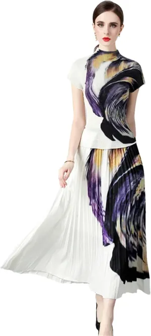 Summer Vintage Floral Print Stretchy Pullovers Top Pleated Midi Long Skirts Women Streetwear