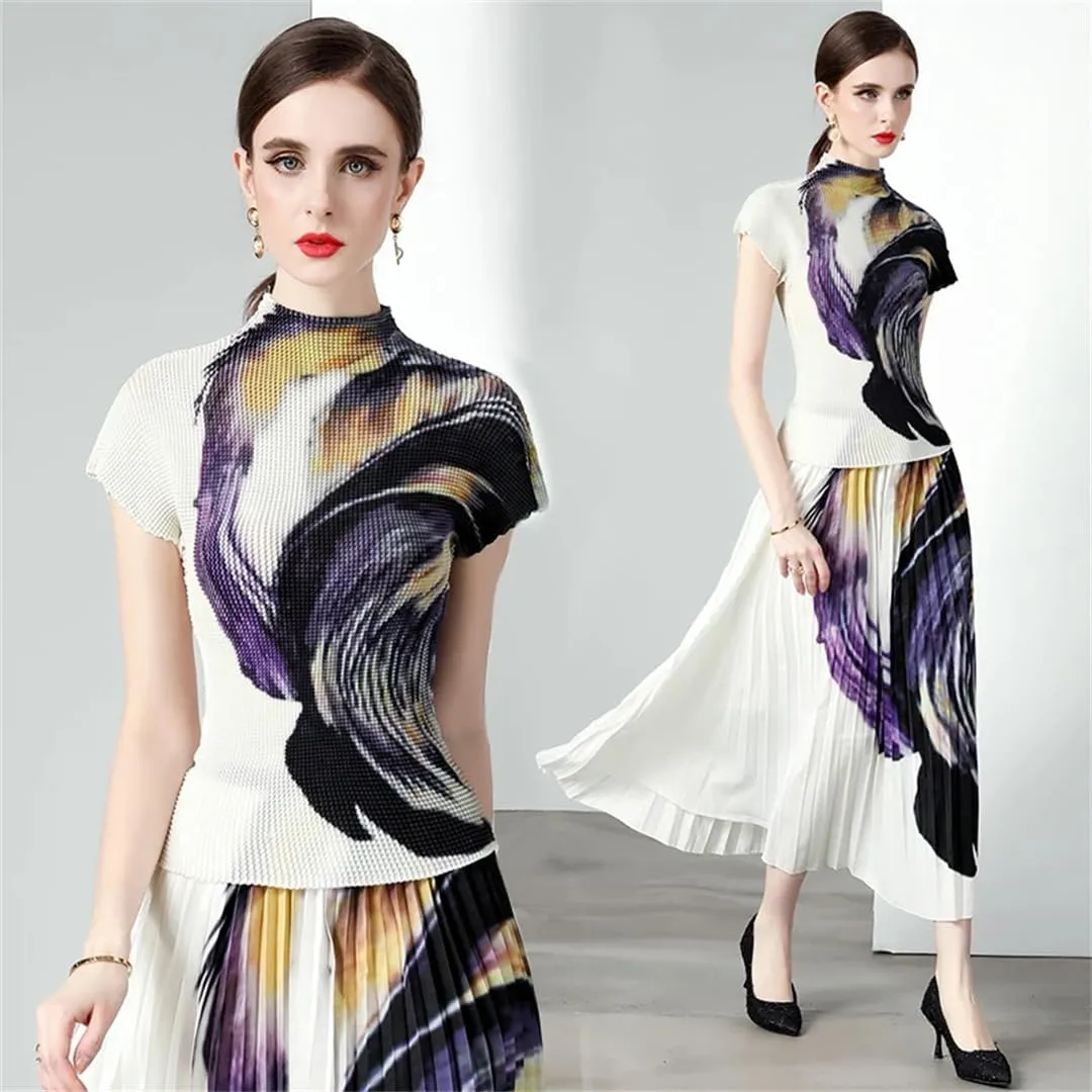 Summer Vintage Floral Print Stretchy Pullovers Top Pleated Midi Long Skirts Women Streetwear