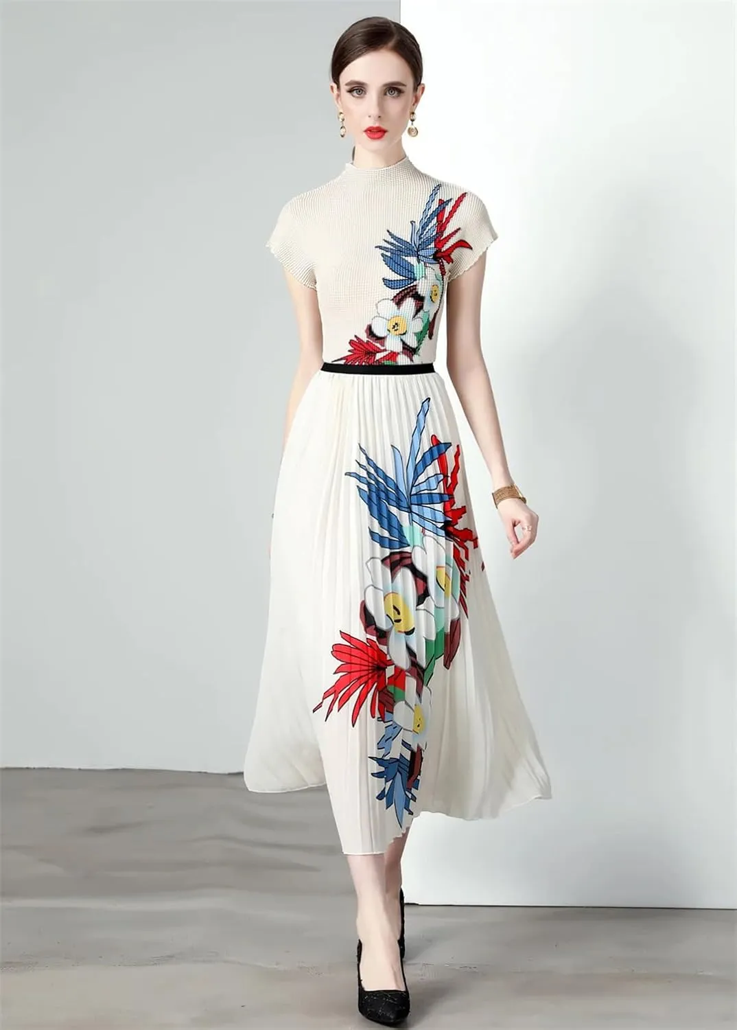 Summer Vintage Floral Print Stretchy Pullovers Top Pleated Midi Long Skirts Women Streetwear
