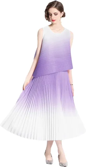 Summer Vintage Pleated Gradient Women O-Neck Sleeveless Top Pleated Midi Skirts Women Streetwear
