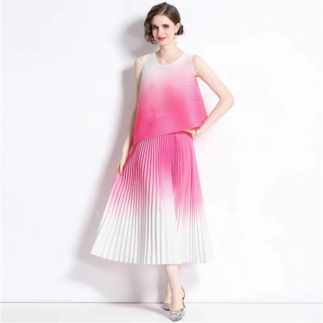 Summer Vintage Pleated Gradient Women O-Neck Sleeveless Top Pleated Midi Skirts Women Streetwear