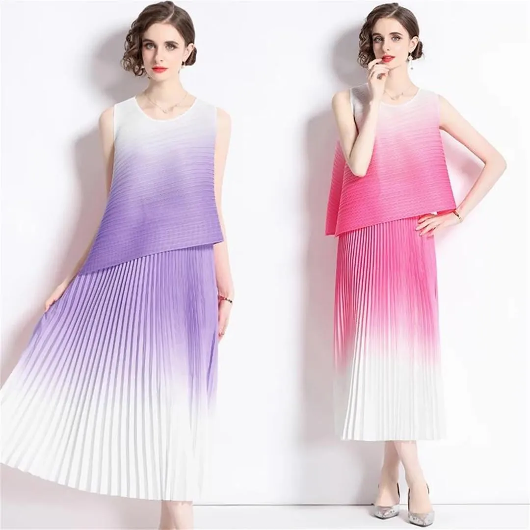 Summer Vintage Pleated Gradient Women O-Neck Sleeveless Top Pleated Midi Skirts Women Streetwear