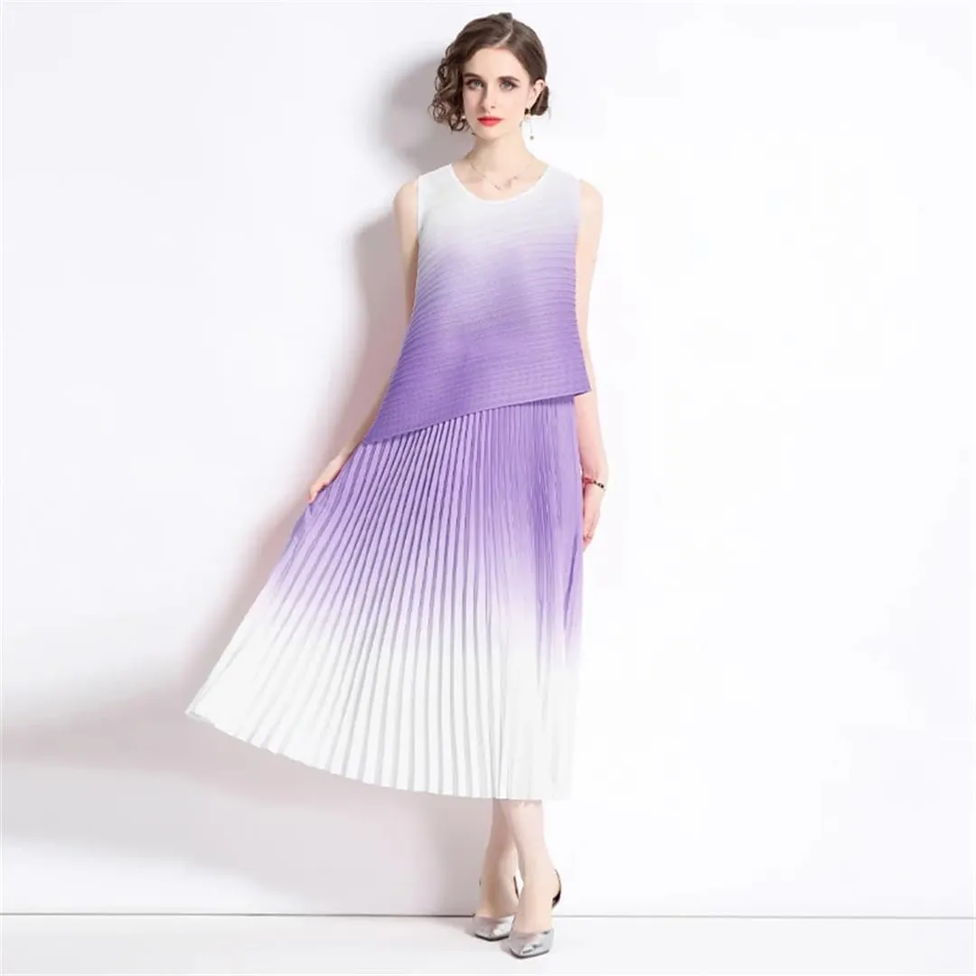 Summer Vintage Pleated Gradient Women O-Neck Sleeveless Top Pleated Midi Skirts Women Streetwear
