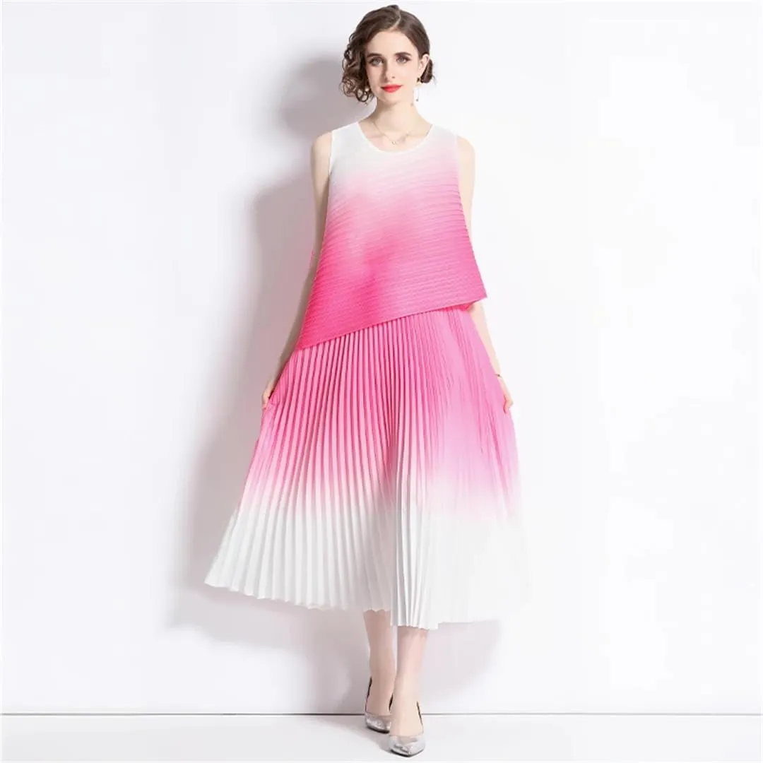 Summer Vintage Pleated Gradient Women O-Neck Sleeveless Top Pleated Midi Skirts Women Streetwear