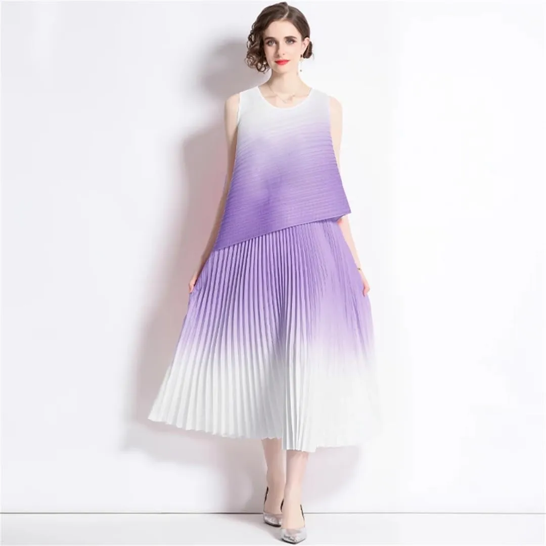 Summer Vintage Pleated Gradient Women O-Neck Sleeveless Top Pleated Midi Skirts Women Streetwear
