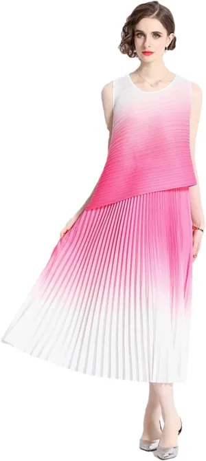 Summer Vintage Pleated Gradient Women O-Neck Sleeveless Top Pleated Midi Skirts Women Streetwear