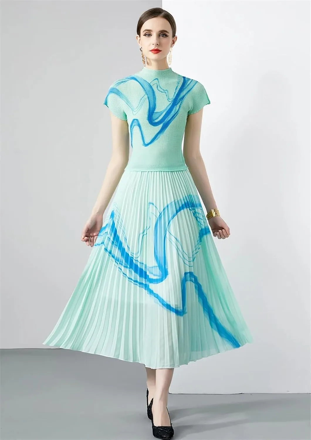 Summer Vintage Print Stretchy Pullovers Top Pleated Midi Long Skirts Suit Women Streetwear