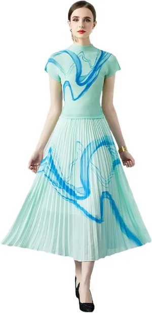 Summer Vintage Print Stretchy Pullovers Top Pleated Midi Long Skirts Suit Women Streetwear