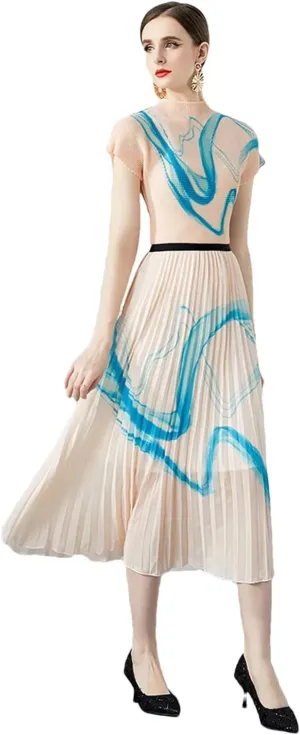 Summer Vintage Print Stretchy Pullovers Top Pleated Midi Long Skirts Suit Women Streetwear