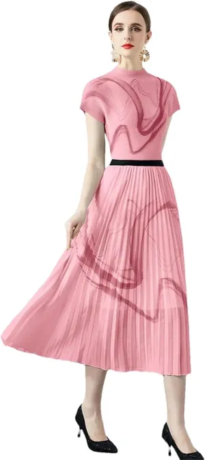 Summer Vintage Print Stretchy Pullovers Top Pleated Midi Long Skirts Suit Women Streetwear