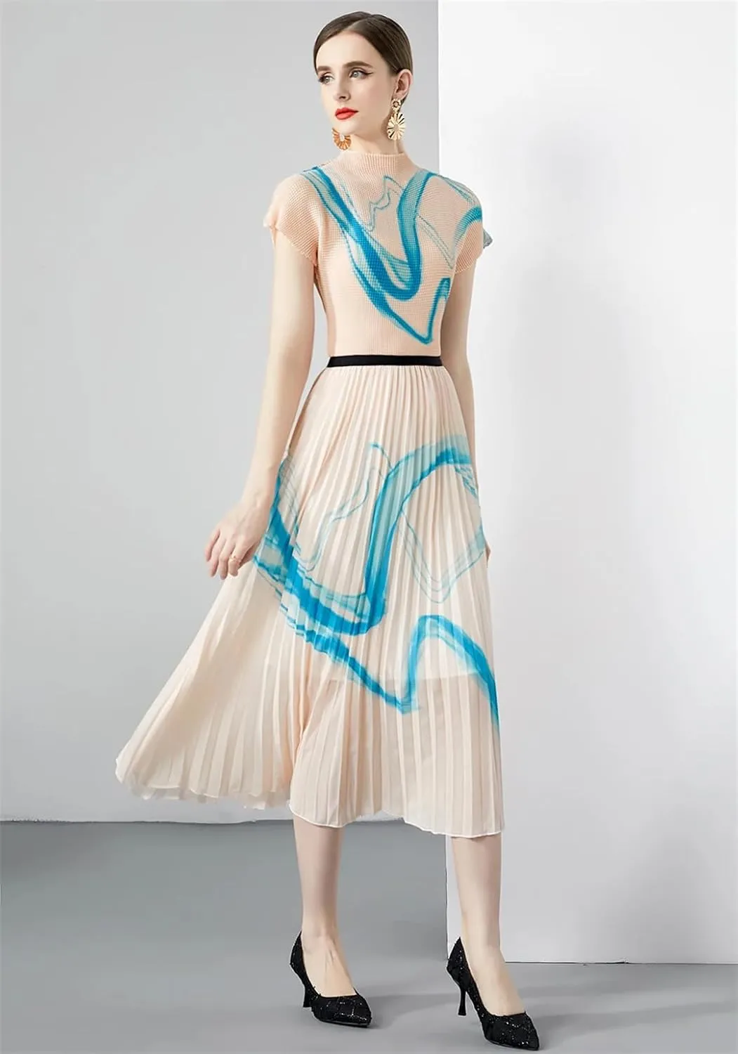 Summer Vintage Print Stretchy Pullovers Top Pleated Midi Long Skirts Suit Women Streetwear