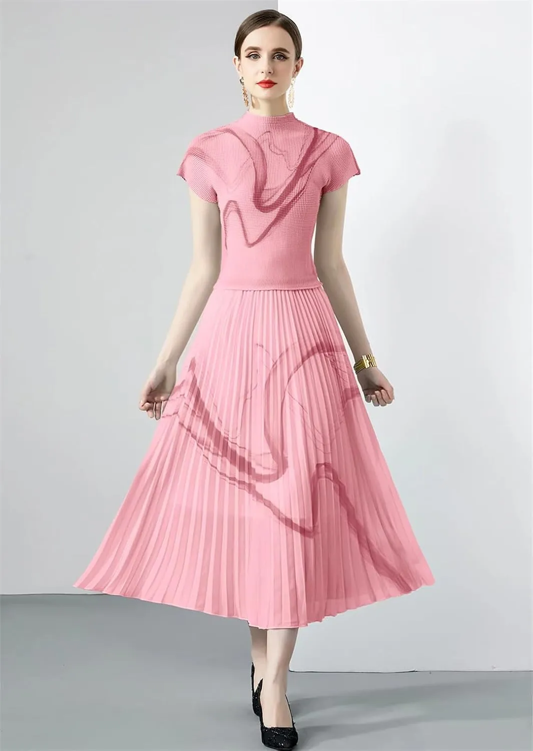 Summer Vintage Print Stretchy Pullovers Top Pleated Midi Long Skirts Suit Women Streetwear