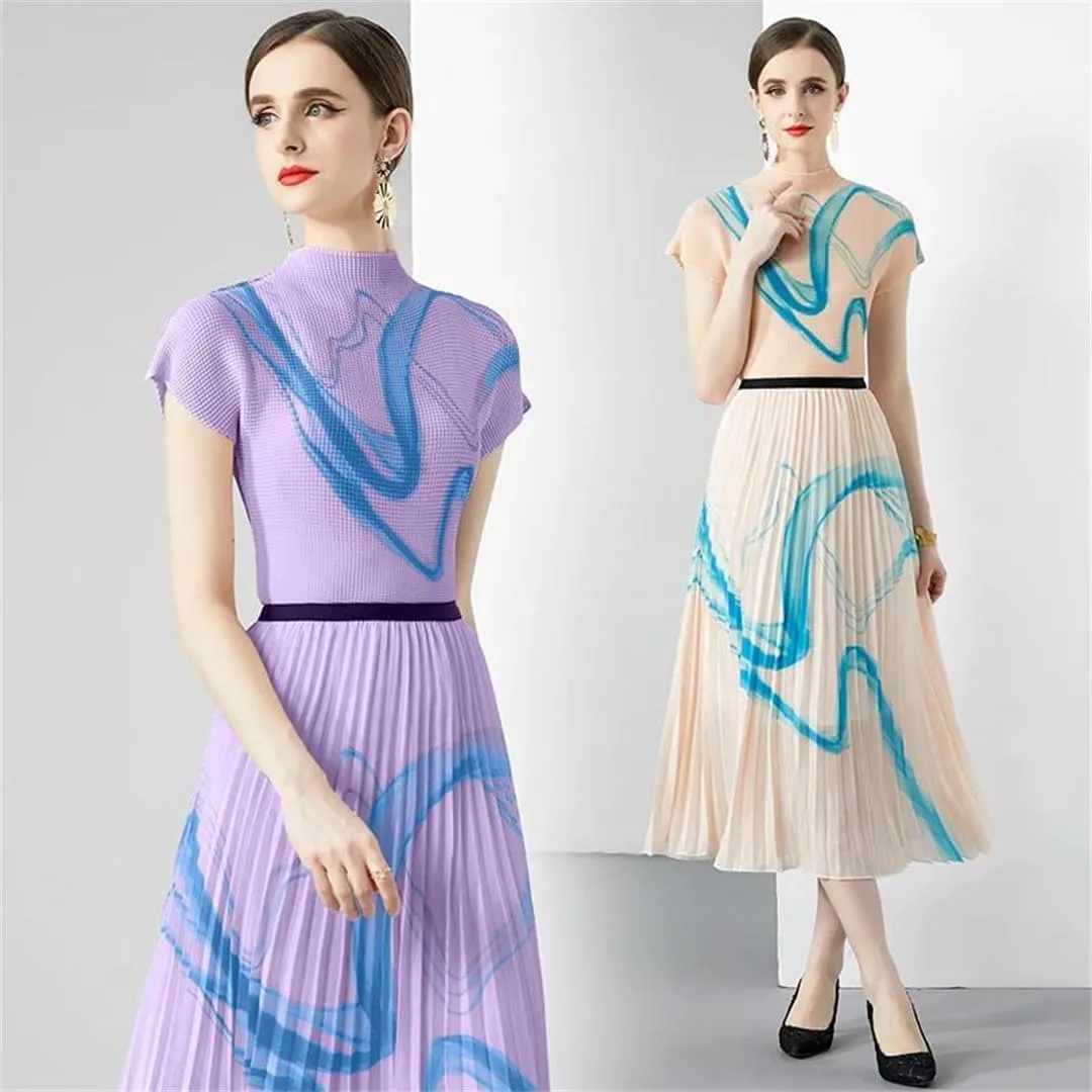 Summer Vintage Print Stretchy Pullovers Top Pleated Midi Long Skirts Suit Women Streetwear