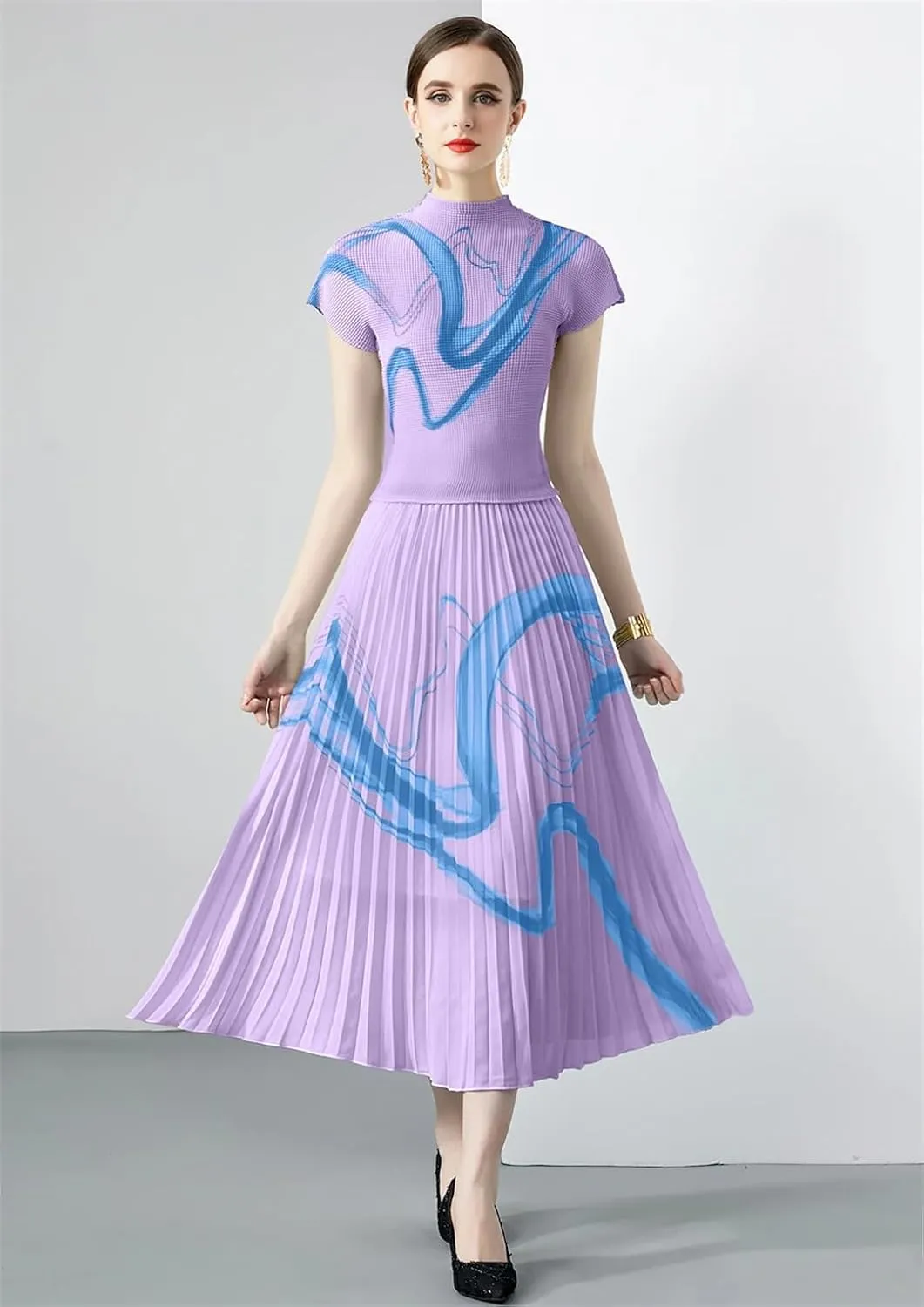 Summer Vintage Print Stretchy Pullovers Top Pleated Midi Long Skirts Suit Women Streetwear
