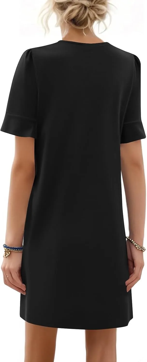 T Shirt Dresses for Women 2025 Mini Summer V Neck Ruffle Short Sleeve Dress Loose Fit Shift Tshirt Dress with Pockets