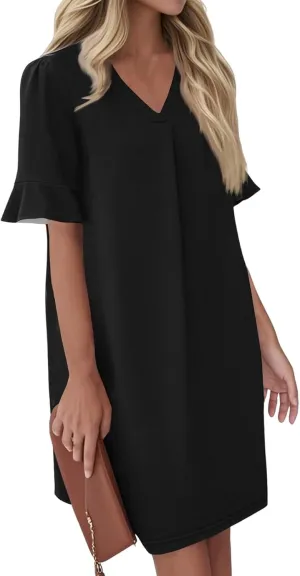 T Shirt Dresses for Women 2025 Mini Summer V Neck Ruffle Short Sleeve Dress Loose Fit Shift Tshirt Dress with Pockets