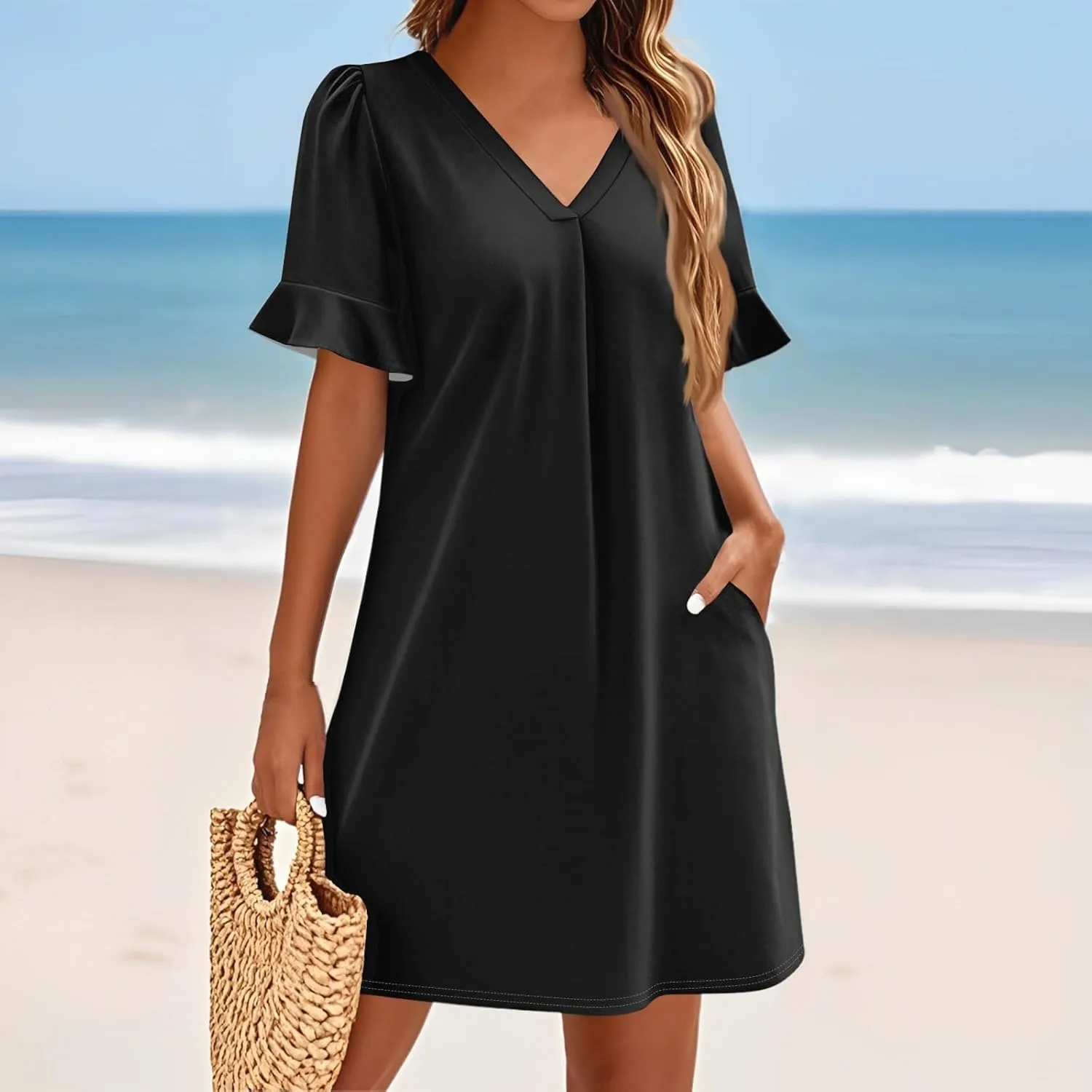T Shirt Dresses for Women 2025 Mini Summer V Neck Ruffle Short Sleeve Dress Loose Fit Shift Tshirt Dress with Pockets