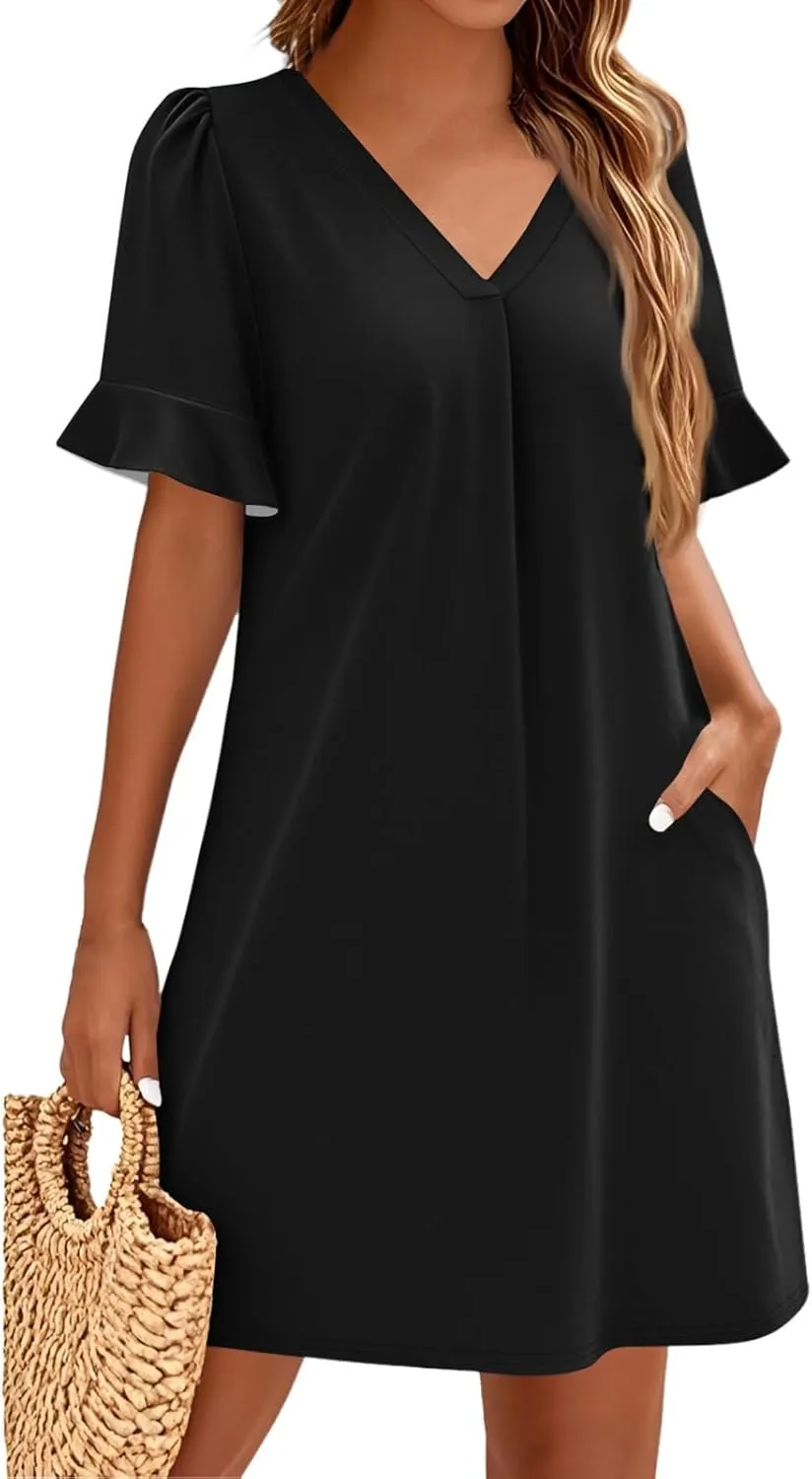 T Shirt Dresses for Women 2025 Mini Summer V Neck Ruffle Short Sleeve Dress Loose Fit Shift Tshirt Dress with Pockets