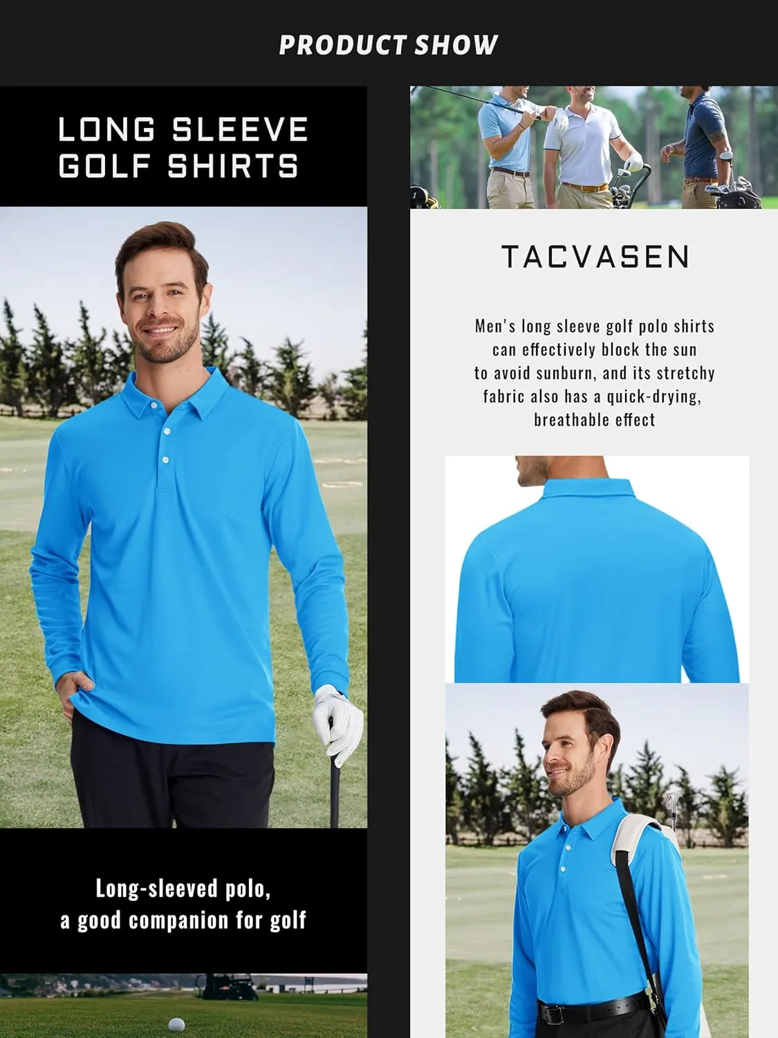 TACVASEN Men's Polo Shirts Long Sleeve Golf Quick Dry Moisture Wicking Lightweight Casual Shirt with 3-Buttons