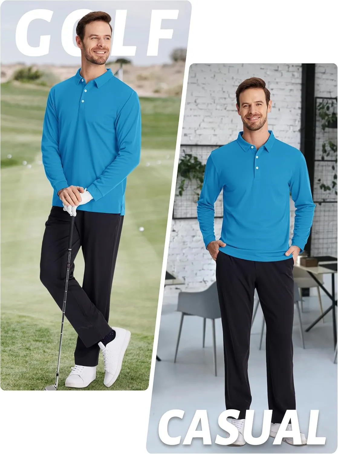 TACVASEN Men's Polo Shirts Long Sleeve Golf Quick Dry Moisture Wicking Lightweight Casual Shirt with 3-Buttons