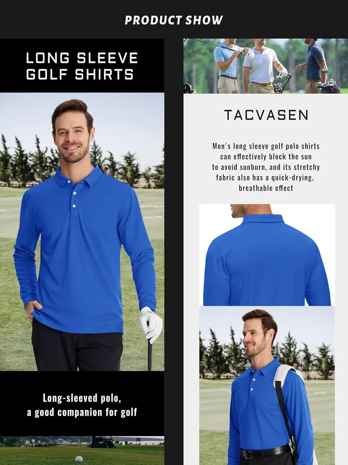 TACVASEN Men's Polo Shirts Long Sleeve Golf Quick Dry Moisture Wicking Lightweight Casual Shirt with 3-Buttons