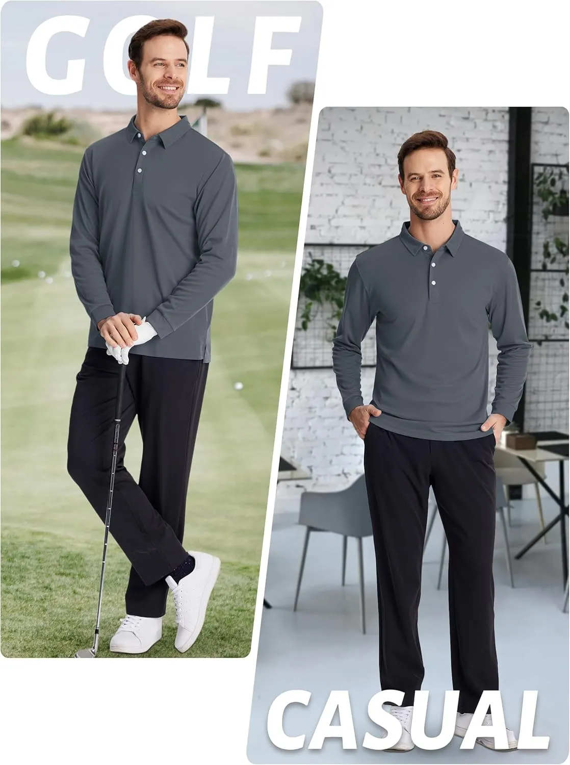 TACVASEN Men's Polo Shirts Long Sleeve Golf Quick Dry Moisture Wicking Lightweight Casual Shirt with 3-Buttons