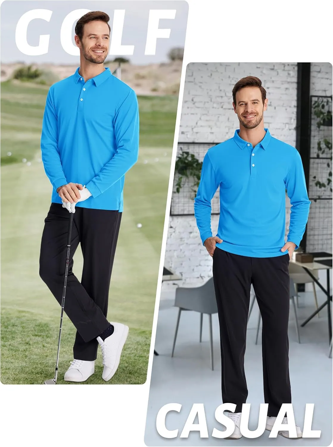 TACVASEN Men's Polo Shirts Long Sleeve Golf Quick Dry Moisture Wicking Lightweight Casual Shirt with 3-Buttons