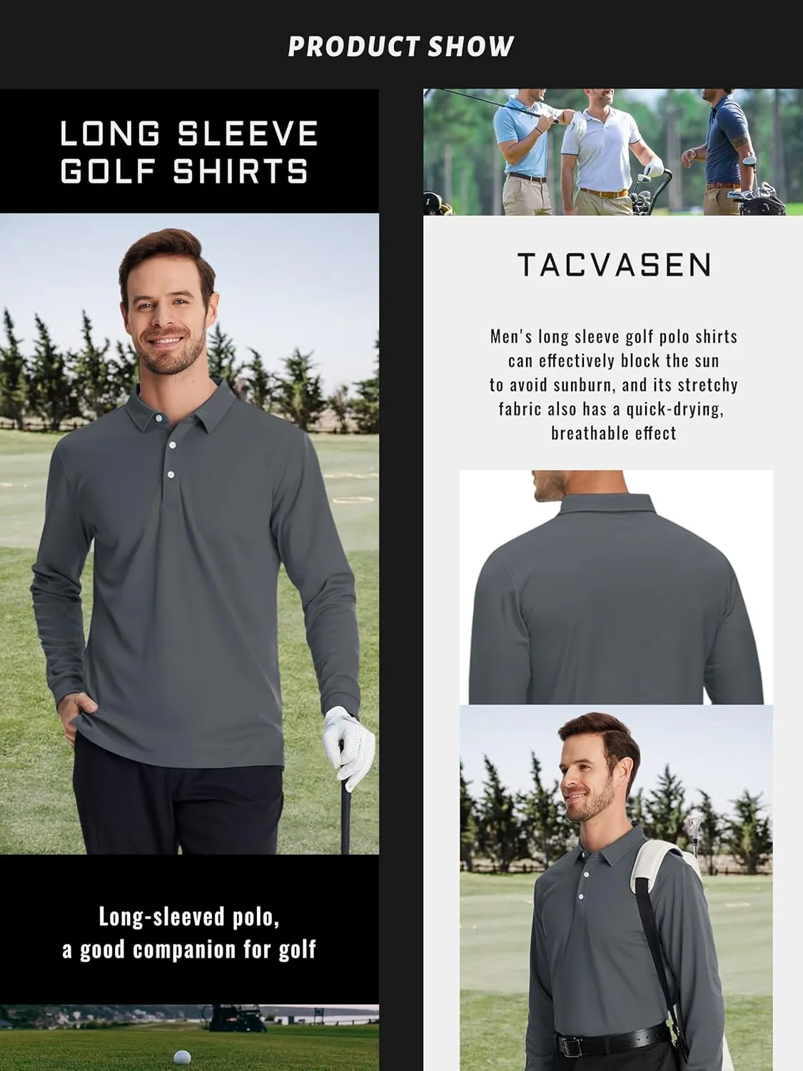 TACVASEN Men's Polo Shirts Long Sleeve Golf Quick Dry Moisture Wicking Lightweight Casual Shirt with 3-Buttons