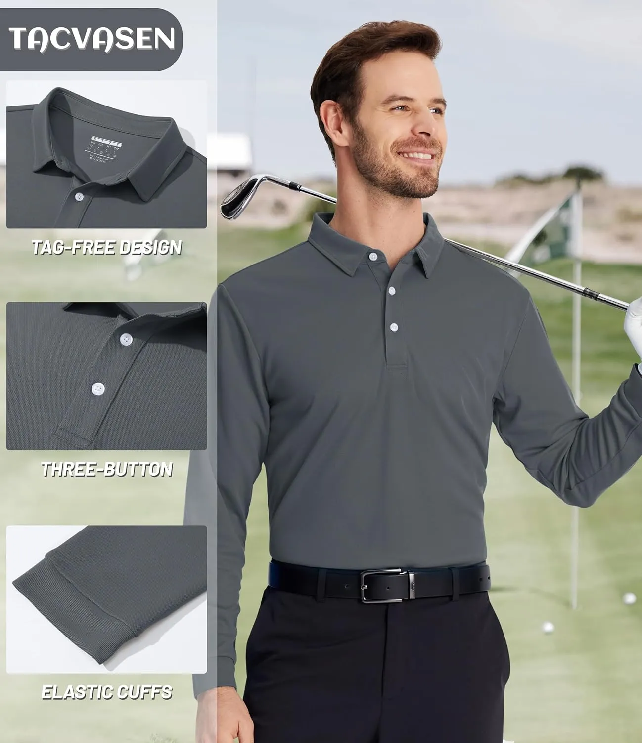 TACVASEN Men's Polo Shirts Long Sleeve Golf Quick Dry Moisture Wicking Lightweight Casual Shirt with 3-Buttons