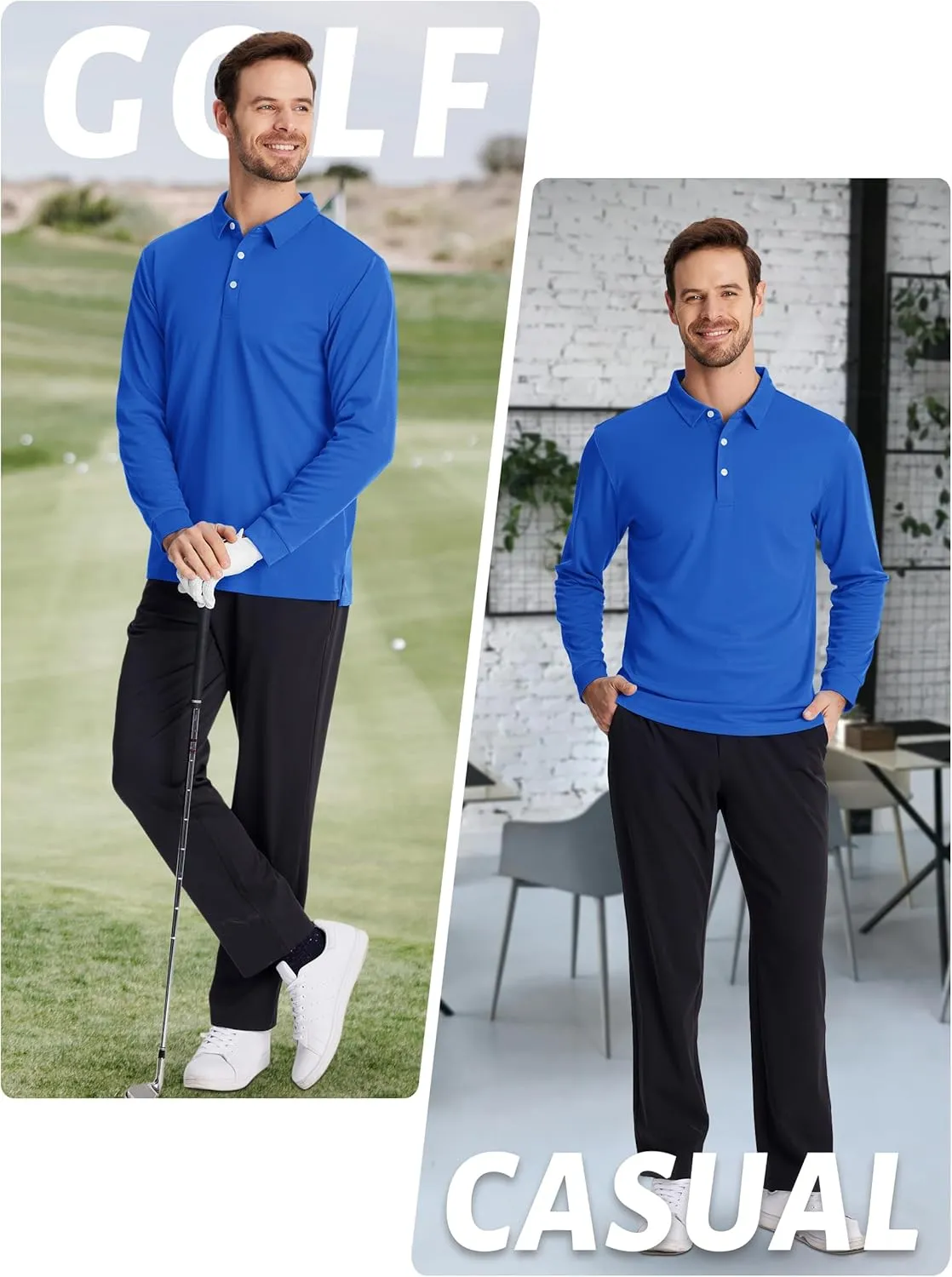 TACVASEN Men's Polo Shirts Long Sleeve Golf Quick Dry Moisture Wicking Lightweight Casual Shirt with 3-Buttons
