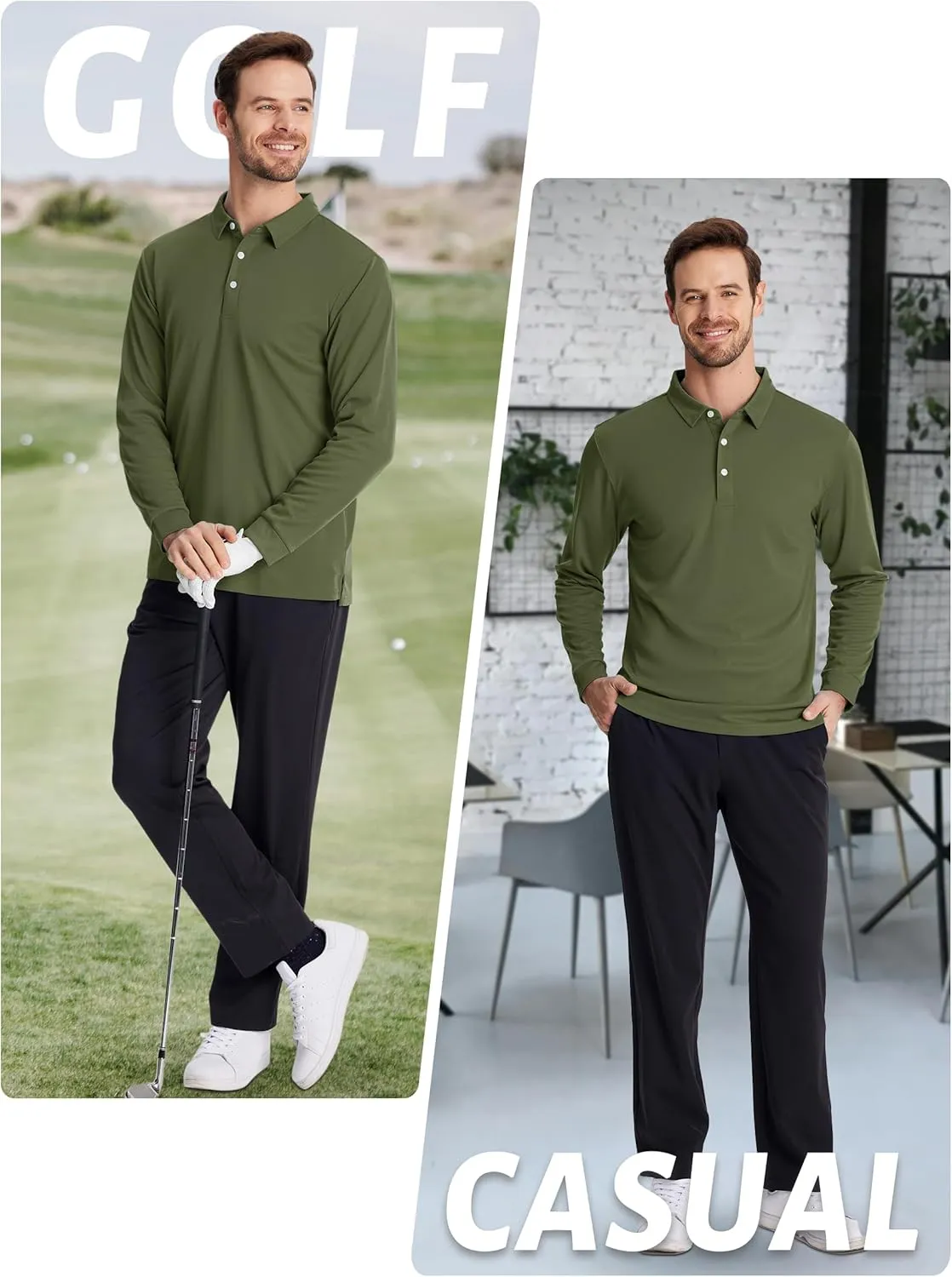 TACVASEN Men's Polo Shirts Long Sleeve Golf Quick Dry Moisture Wicking Lightweight Casual Shirt with 3-Buttons