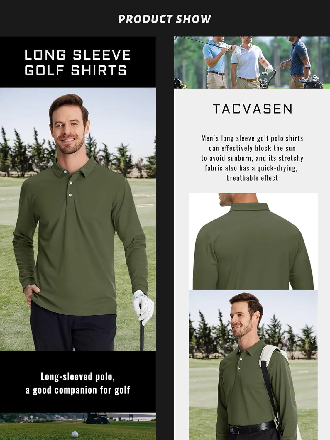 TACVASEN Men's Polo Shirts Long Sleeve Golf Quick Dry Moisture Wicking Lightweight Casual Shirt with 3-Buttons
